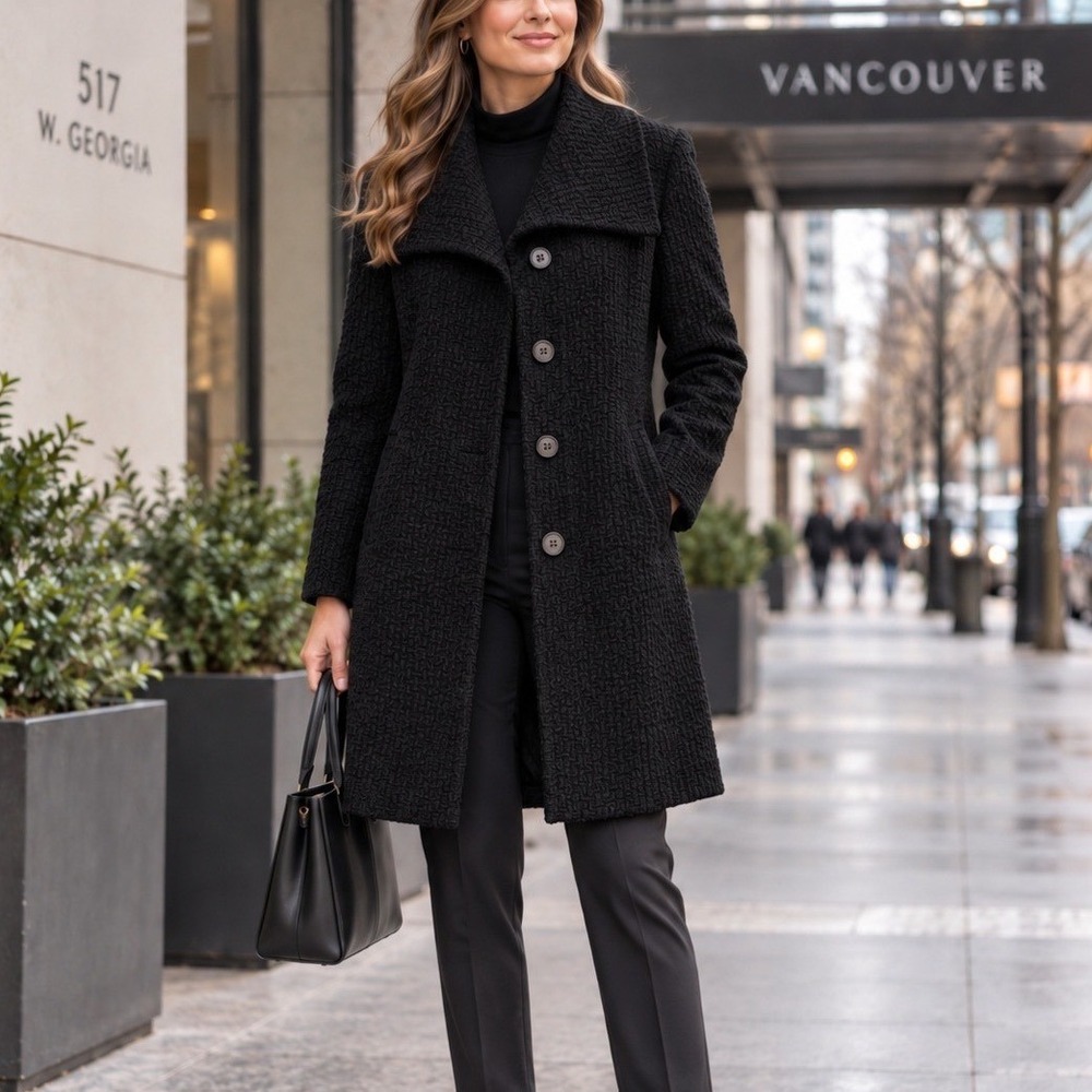 Calvin Klein Womens Size 8 Black Wool Blend Textured Long Coat Button Front